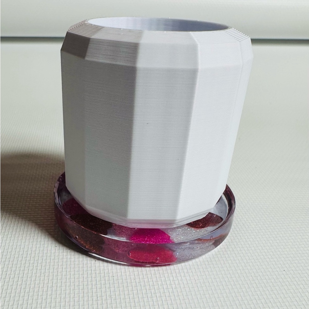 3d Printed White Geometric Pot with Handcrafted Pink Heart Coaster